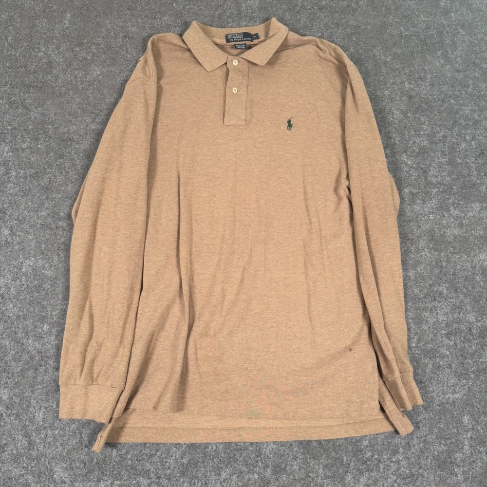Polo Ralph Lauren Polo Mens XL Tan Long Sleeve Pique Shirt Green Pony Logo VTG